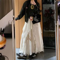 批发蕾丝刺绣<b class='q'>半身裙</b>女夏季高腰垂坠感a字半裙<b class='q'>不规则</b>拼接中长款伞裙子