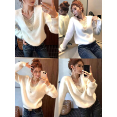 批发韩系休闲百搭性感V领<b class='q'>兔毛</b>针织套头<b class='q'>毛衣</b>