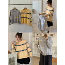 韩系休闲百搭卷边条纹针织套头毛衣