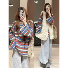 批发韩系休闲百搭<b class='q'>条纹</b>针织套头毛衣