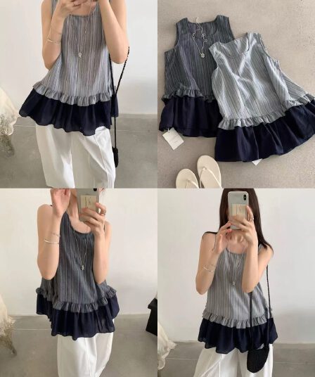 한 부서 캐주얼 다용도 패치워크 색상 프릴 스트라이프 조끼