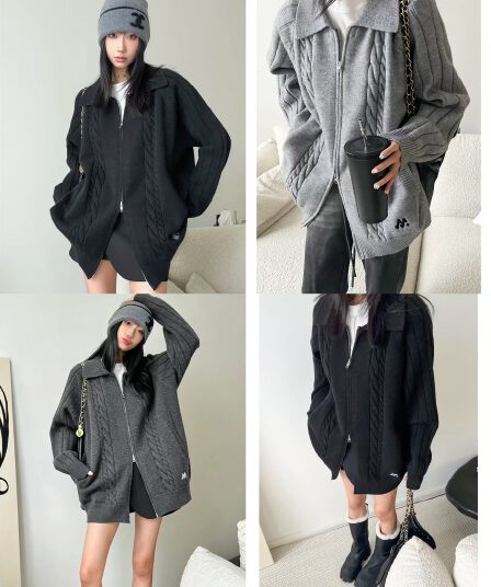 캐주얼 다용도 자수 폴로 칼라 지퍼 니트 오픈 가디건
