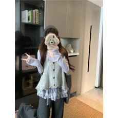 批发实拍实价~新款韩版穿搭套装女<b class='q'>蕾丝</b>拼接打底衫叠穿针织马甲<b class='q'>两件套</b>
