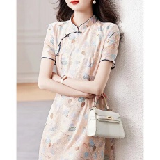 批发蕾丝印花<b class='q'>旗袍</b>裙2026夏新款立领优雅连衣裙女中<b class='q'>长款</b>