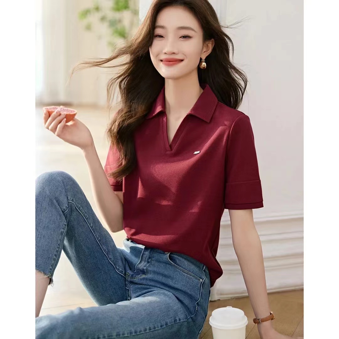 캐주얼 품격 POLO 칼라 반팔 티셔츠 2026 여름 새로운 긍정적 인 어깨 반팔 인사이드 가져 가라. 티셔츠