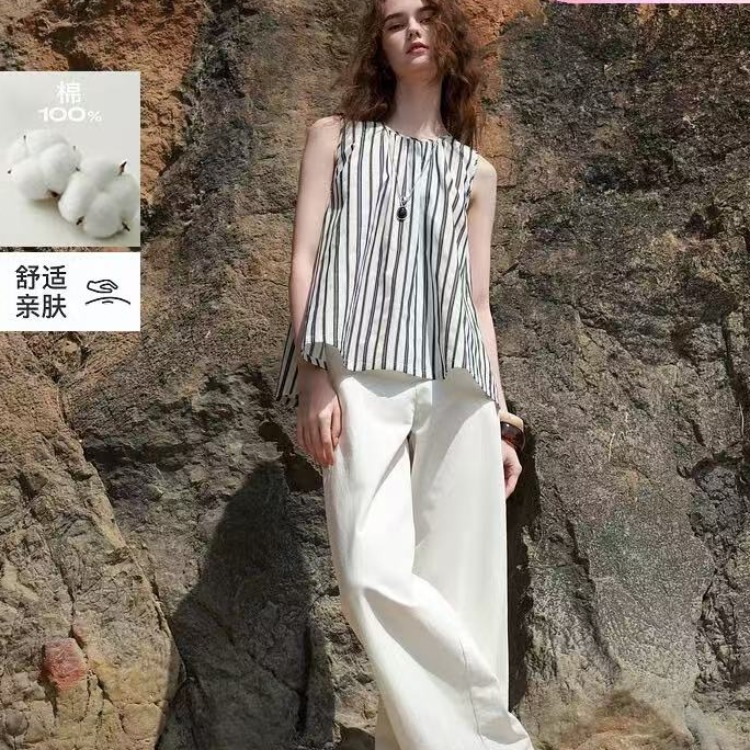 2026 여름 새로운 스트라이프 조끼 민소매 맨위 셔츠 여성