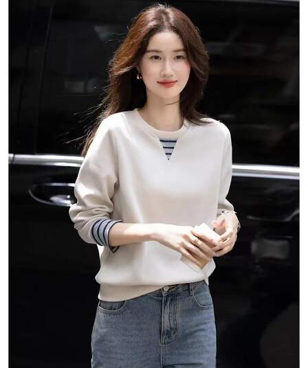 2026 가을 느긋한 루즈핏 숨기기 고기 세련된 리브 배색 커프스 후드티