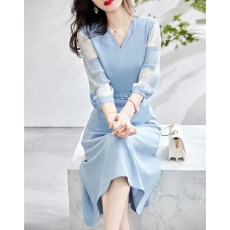批发<b class='q'>印花</b>压皱雪纺拼接2026秋新V领收腰七分袖<b class='q'>连衣裙</b>女长款