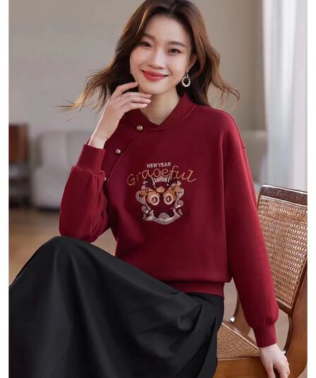 2026 새로운 중식 자수 후드티 여성 스탠드 칼라 털이 있는 국풍 후드티