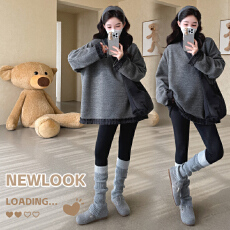 批发实拍新品~秋冬加厚加绒韩系简约拼接花边毛呢上衣裙