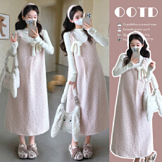 批发实拍~秋冬粉色蝴蝶结减龄背带裙+毛衣上衣两件套套装