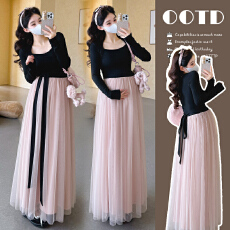 实拍~现原版好质量早春韩系蝴蝶结拼接网纱大码连衣裙