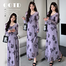 批发实拍~现早春法式复古紫色<b class='q'>亚麻</b>网印花长袖两件套连衣裙