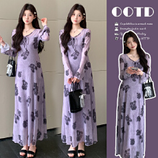 批发实拍~现早春法式复古紫色<b class='q'>亚麻</b>网印花长袖两件套连衣裙