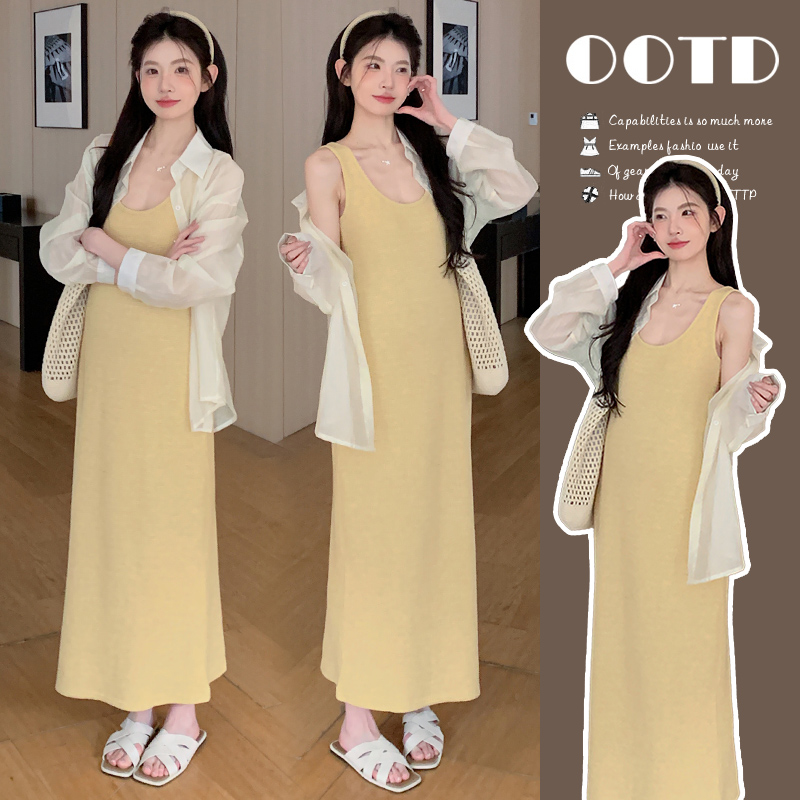실사 지금 임산부 봄 여름 한 부서 슬립 자외선 차단 디자인 트임 셔츠 투피스 세트 세트