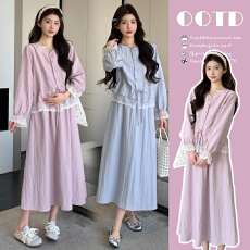 批发实拍~现<b class='q'>孕妇</b><b class='q'>韩</b>系蕾丝拼接衬衫减龄<b class='q'>休闲</b>两件套套装