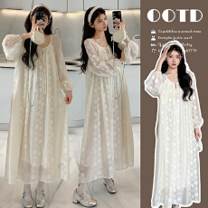 批发实拍~现法式复古<b class='q'>休闲</b>提花刺绣度假风大码连衣裙