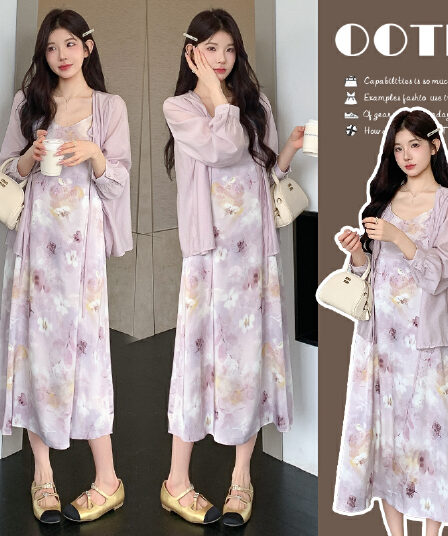 실사 지금 봄 여름 신제품 부드러운 바람 보라색 프린트 슬립 드레스 셔츠 오픈 가디건 세트