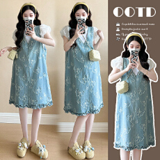 批发现实拍~夏季孕妇牛仔提花蝴蝶<b class='q'>裙</b>+<b class='q'>T</b><b class='q'>恤</b>两件套