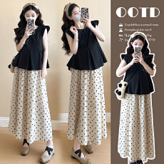 批发现实拍~孕妇夏季小飞袖娃娃衫+波点半裙套装