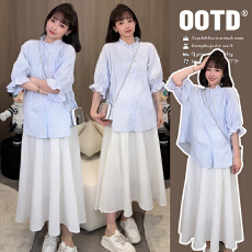 批发现现~夏季日系泡泡袖宽松法式气质娃娃领衬衫白色半裙套装