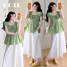 现实拍~夏季韩系甜美刺绣手工串珠上衣+托腹半裙套装