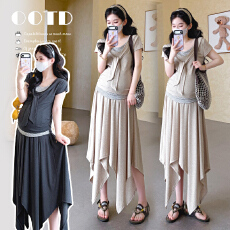 批发现实拍~<b class='q'>夏</b>季新品假两件披肩U领上衣+不规则半裙套装