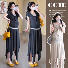 批发现实拍~<b class='q'>夏</b>季新品假两件披肩U领上衣+不规则半裙套装