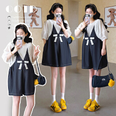 批发现实拍~<b class='q'>夏</b>季甜美减龄蝴蝶结蕾丝拼接背带裤+上衣两件套装