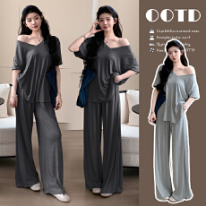 批发现实拍~夏季宽松<b class='q'>休闲</b>格雷系上衣+阔腿裤套装