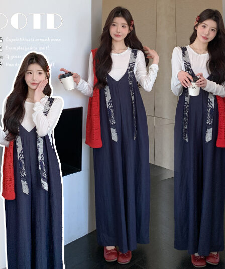 실사 지금 이른 가을 달콤함 프린트 넓은 다리 멜빵 바지 맨위 투피스 세트 세트