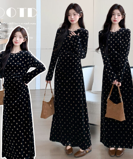 실사 임산부 가을 겨울 레트로 검정색 벨벳 도트 무늬 스트랩 롱 코트 드레스