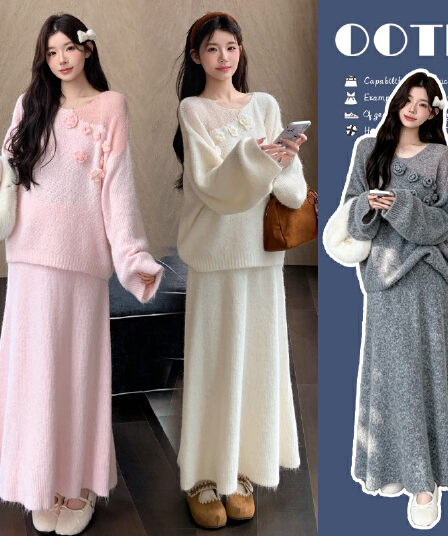 지금 실사 가을 겨울 한 부서 느긋한 바람 3 차원 꽃 스웨터 세트
