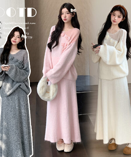 지금 실사 가을 겨울 한 부서 느긋한 바람 3 차원 꽃 스웨터 세트