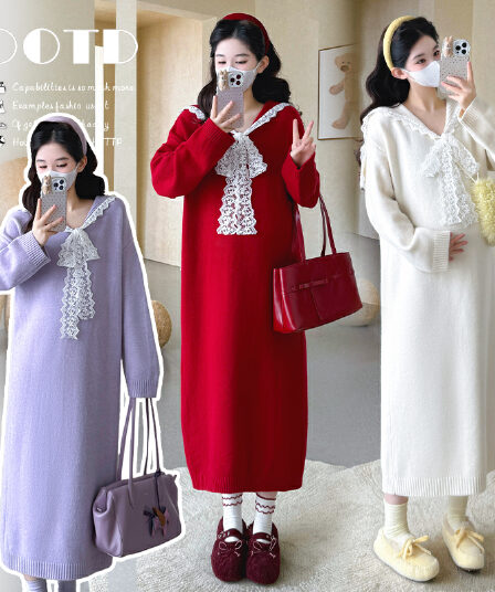 지금 실사 가을 겨울 한국 스타일 두꺼운 해군 칼라 패치워크 레이스 대 에디션 빅 사이즈 드레스