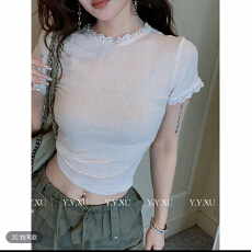 批发【芭蕾学姐】白色蕾丝边圆领<b class='q'>打底衫</b>t恤女春修身纯欲上衣➕裤子