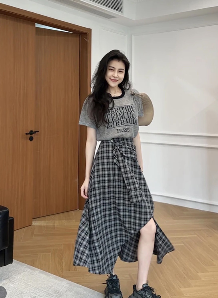 장 A 스타 자유 장 얇은 스타일 대나무 마디 마 니트 반팔 불규칙 체크무늬 치마바지