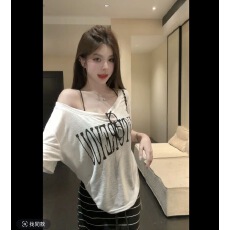 批发【HuiHui】夏季新款辣妹风斜肩字母印花短袖T恤搭<b class='q'>条纹</b>裙套装