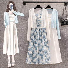 批发实拍大码女装春夏胖MM法式气质长款吊带<b class='q'>连衣裙</b>防晒针织外搭两件套