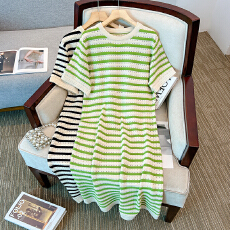 批发<b class='q'>实拍</b><b class='q'>大码</b><b class='q'>女装</b>夏装新款连衣裙高品质胖MM宽松显瘦条纹针织长款裙子