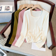 批发实拍大码女装胖MM春季设计感针织打底衫上衣百搭显瘦方领抽绳毛衣