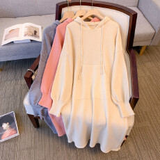 批发实拍大码女装秋冬连帽口袋针织<b class='q'>连衣裙</b>胖mm宽松遮肚显瘦内搭毛衣裙