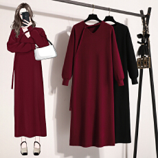 批发实拍大码女装秋冬安可拉红色针织<b class='q'>连衣裙</b>胖mm法式气质打底毛衣裙子