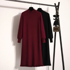 批发实拍大码女装秋冬胖MM半高领时尚流苏显瘦针织<b class='q'>连衣裙</b>打底毛衣裙子