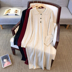 批发实拍大码女装秋冬胖MM显瘦polo领长款连衣裙慵懒风麻花毛衣直筒裙