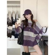 批发胖MM慵懒高级感百搭复古条纹撞色套头<b class='q'>针织衫</b>女士秋季显瘦保暖毛衣