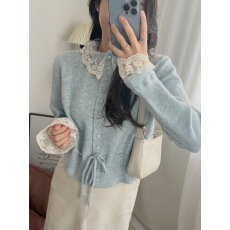 批发胖MM<b class='q'>蕾丝</b>娃娃领针织衫上衣女收腰系带开衫外套2025新款