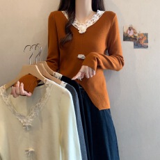 批发秋冬大码纯欲v领<b class='q'>修身</b>针织衫女蕾丝拼接打底毛衣设计感内搭上衣