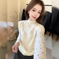 批发胖mm<b class='q'>大码</b>女装灰色波点半高领花边针织衫女秋冬内搭打底衫气质上衣