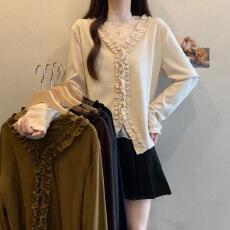 批发实拍大码木耳边喇叭袖V领正肩长袖T恤女2025秋冬新款不规则上衣